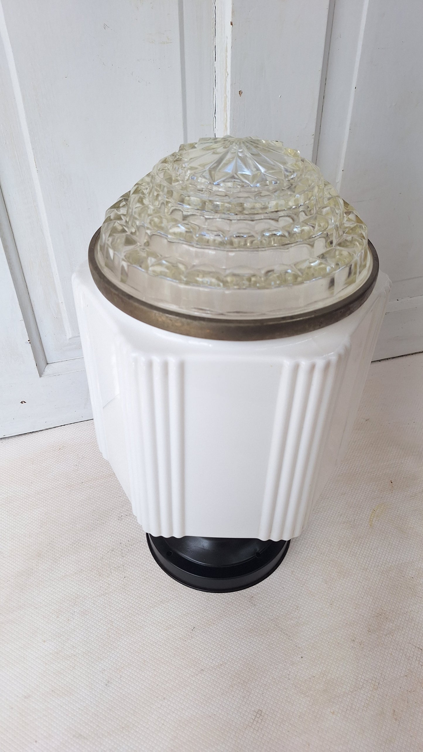 Two Piece Vintage Faceted Clear and White Glass Flush Mount, Schoolhouse or Skyscraper Light, Salvaged Antique Art Deco Light Salvage 072705