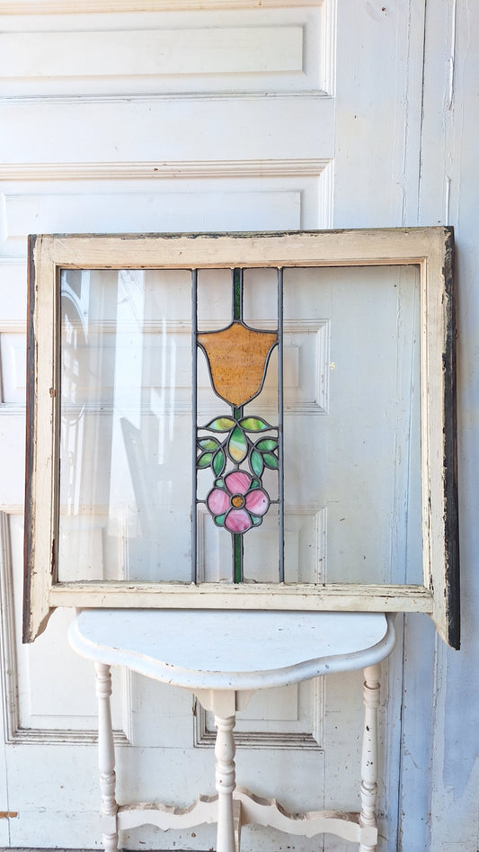 Antique Flower Stained Glass Transom, Stained Glass Window, Beveled Glass, Victorian Window, Yellow and Blue Glass, Leaded Window 072903