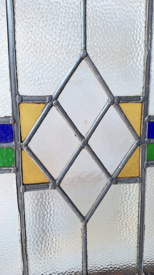 Yellow Blue & Green Antique Stained Glass Window, Vintage Arts Crafts Craftsman Window, Antique Colored Glass Window 072903
