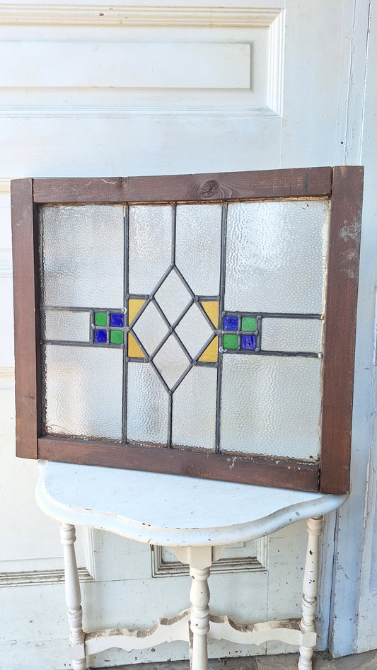 Yellow Blue & Green Antique Stained Glass Window, Vintage Arts Crafts Craftsman Window, Antique Colored Glass Window 072903