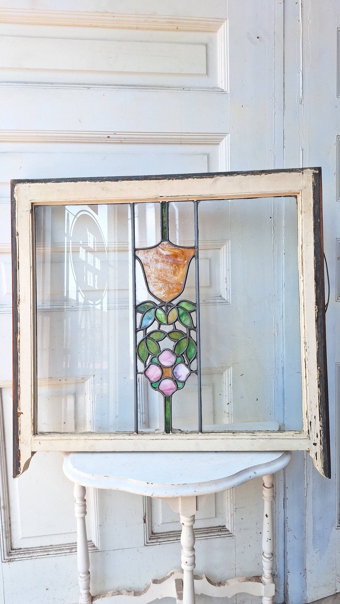 Antique Stained Glass Transom, Stained Glass Window, Beveled Glass, Victorian Window, Yellow and Blue Glass, Leaded Window 072904