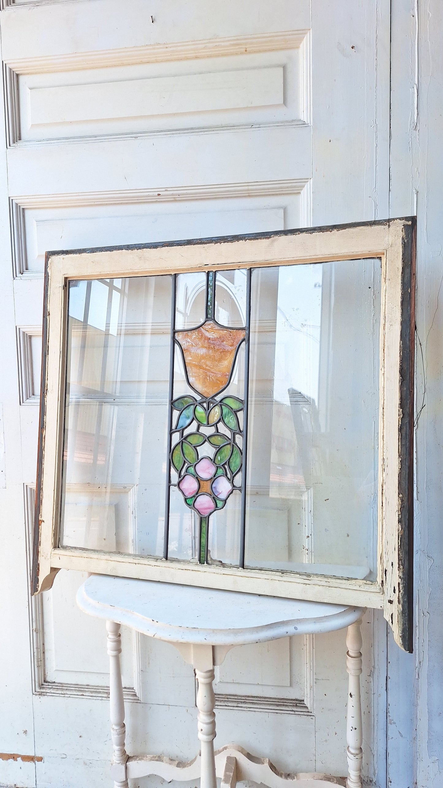 Antique Stained Glass Transom, Stained Glass Window, Beveled Glass, Victorian Window, Yellow and Blue Glass, Leaded Window 072904