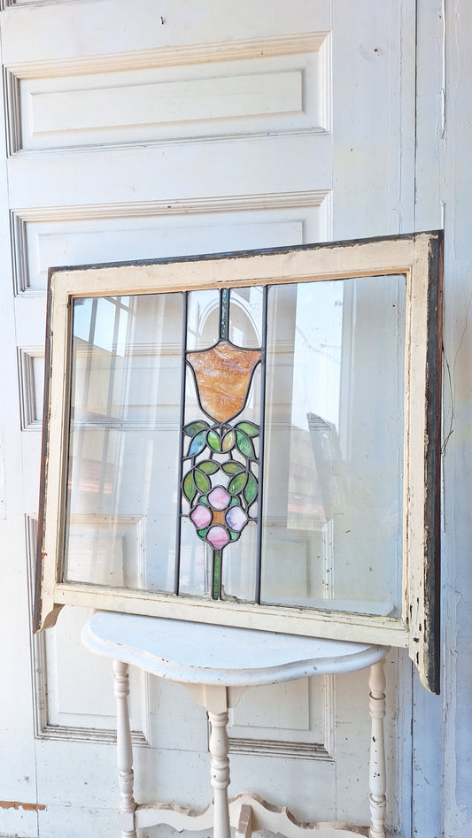 Antique Stained Glass Transom, Stained Glass Window, Beveled Glass, Victorian Window, Yellow and Blue Glass, Leaded Window 072904