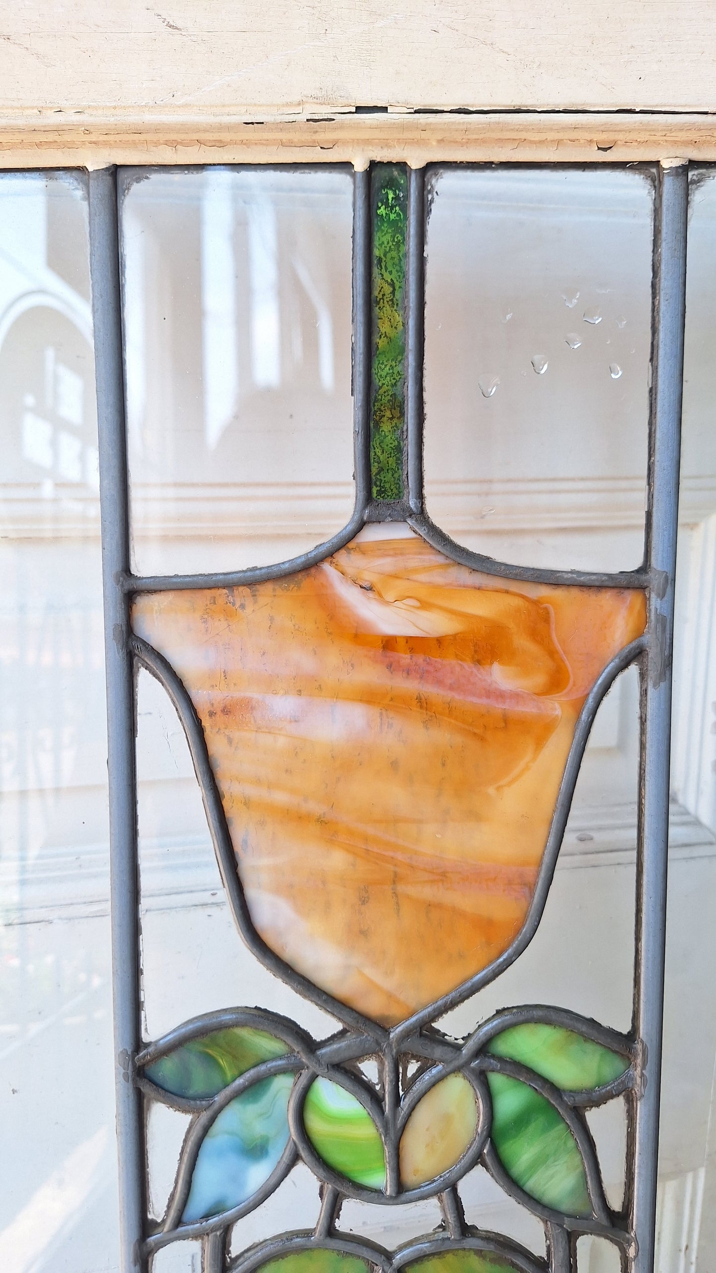 Antique Stained Glass Transom, Stained Glass Window, Beveled Glass, Victorian Window, Yellow and Blue Glass, Leaded Window 072904
