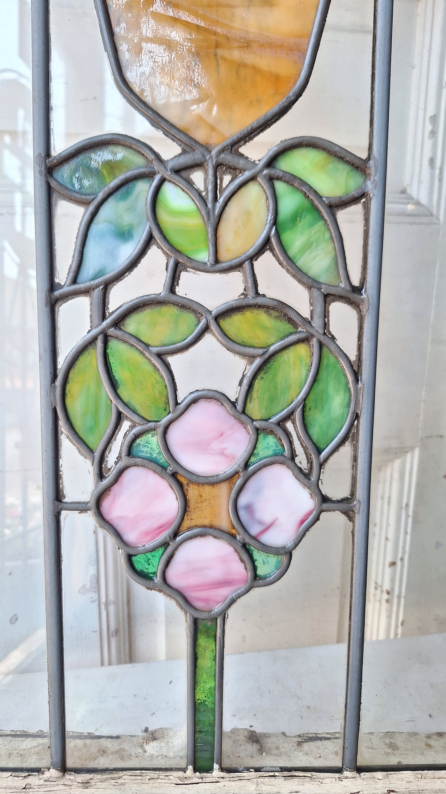 Antique Stained Glass Transom, Stained Glass Window, Beveled Glass, Victorian Window, Yellow and Blue Glass, Leaded Window 072904