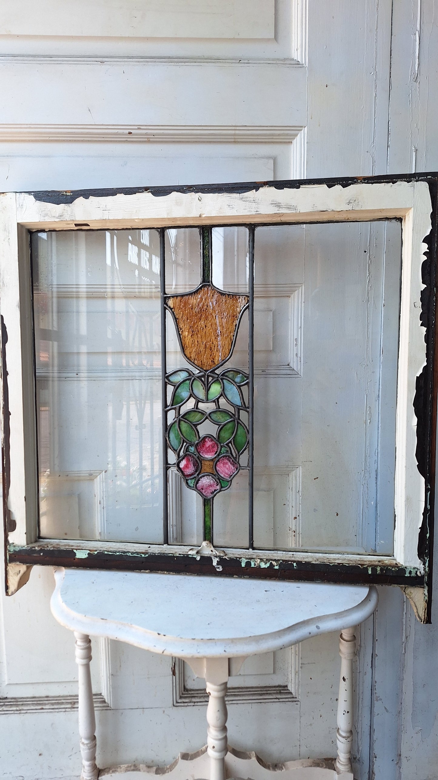 Antique Stained Glass Transom, Stained Glass Window, Beveled Glass, Victorian Window, Yellow and Blue Glass, Leaded Window 072904