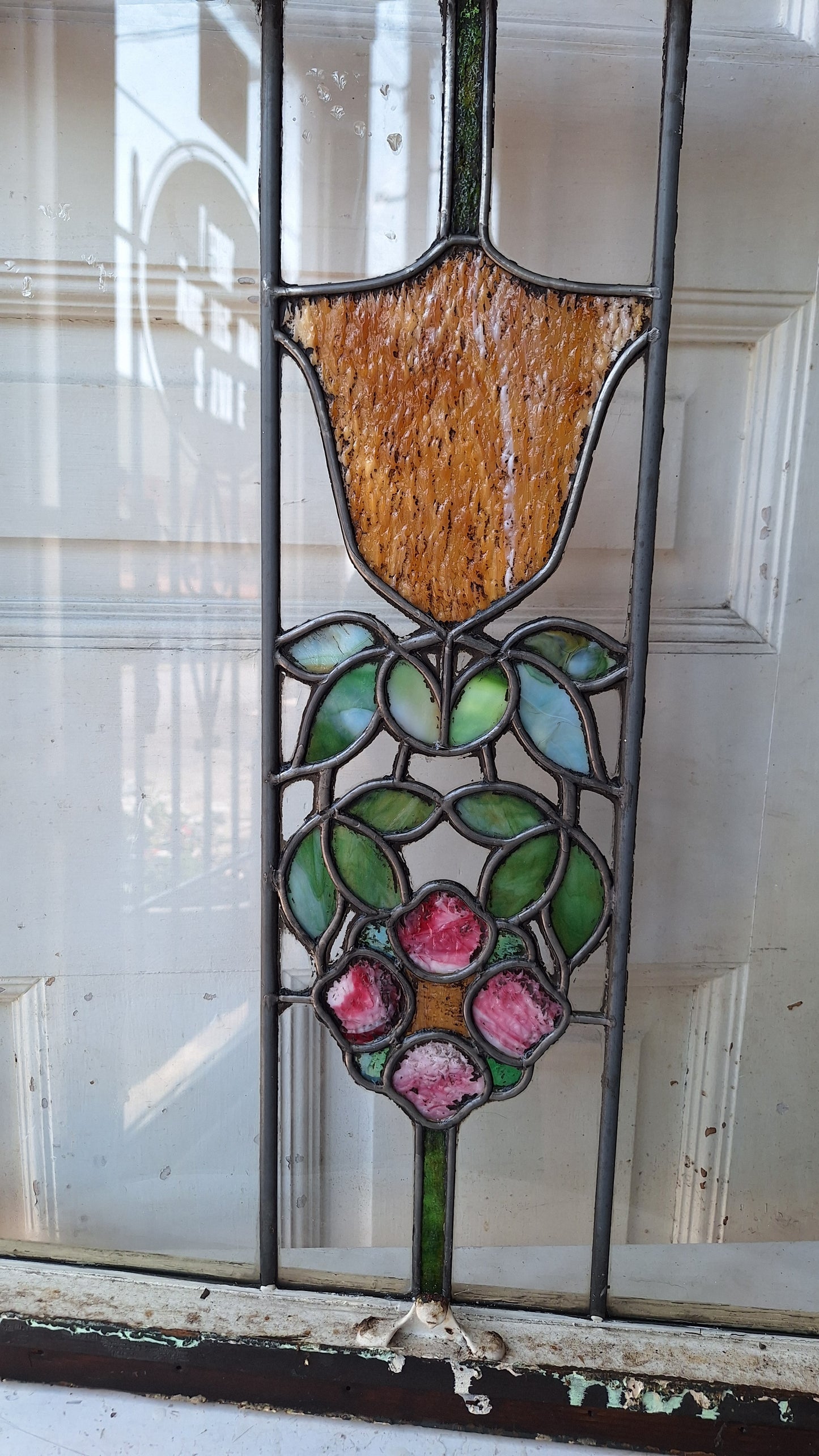 Antique Stained Glass Transom, Stained Glass Window, Beveled Glass, Victorian Window, Yellow and Blue Glass, Leaded Window 072904