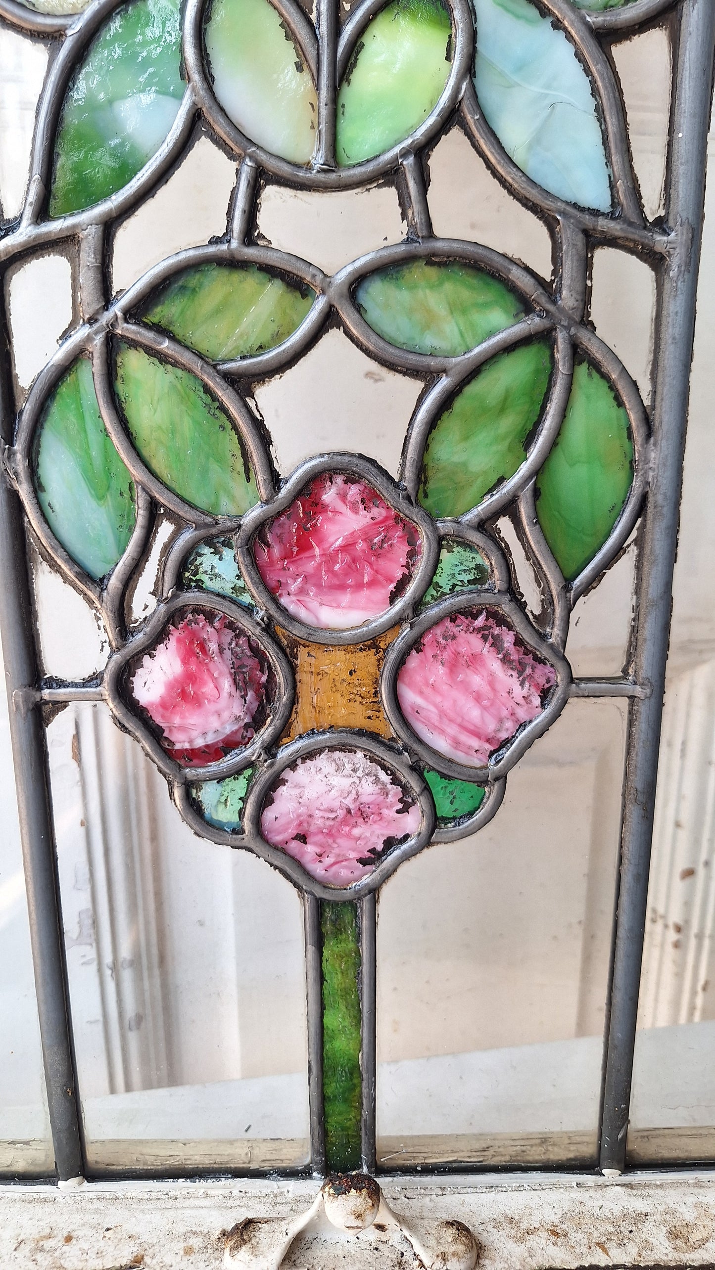 Antique Stained Glass Transom, Stained Glass Window, Beveled Glass, Victorian Window, Yellow and Blue Glass, Leaded Window 072904