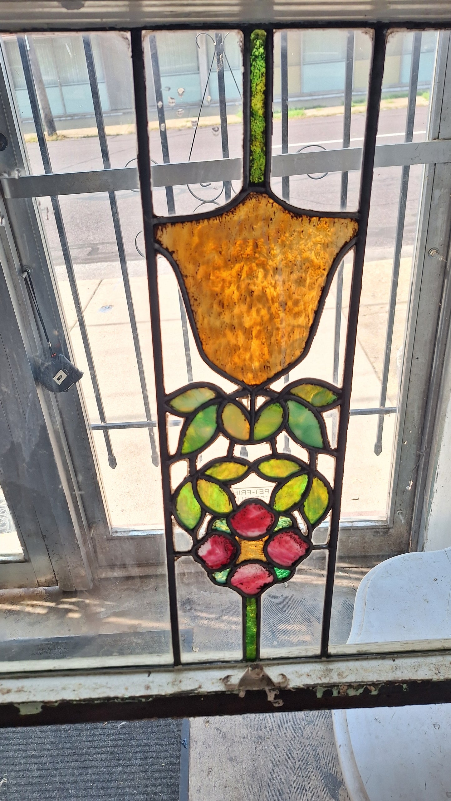 Antique Stained Glass Transom, Stained Glass Window, Beveled Glass, Victorian Window, Yellow and Blue Glass, Leaded Window 072904