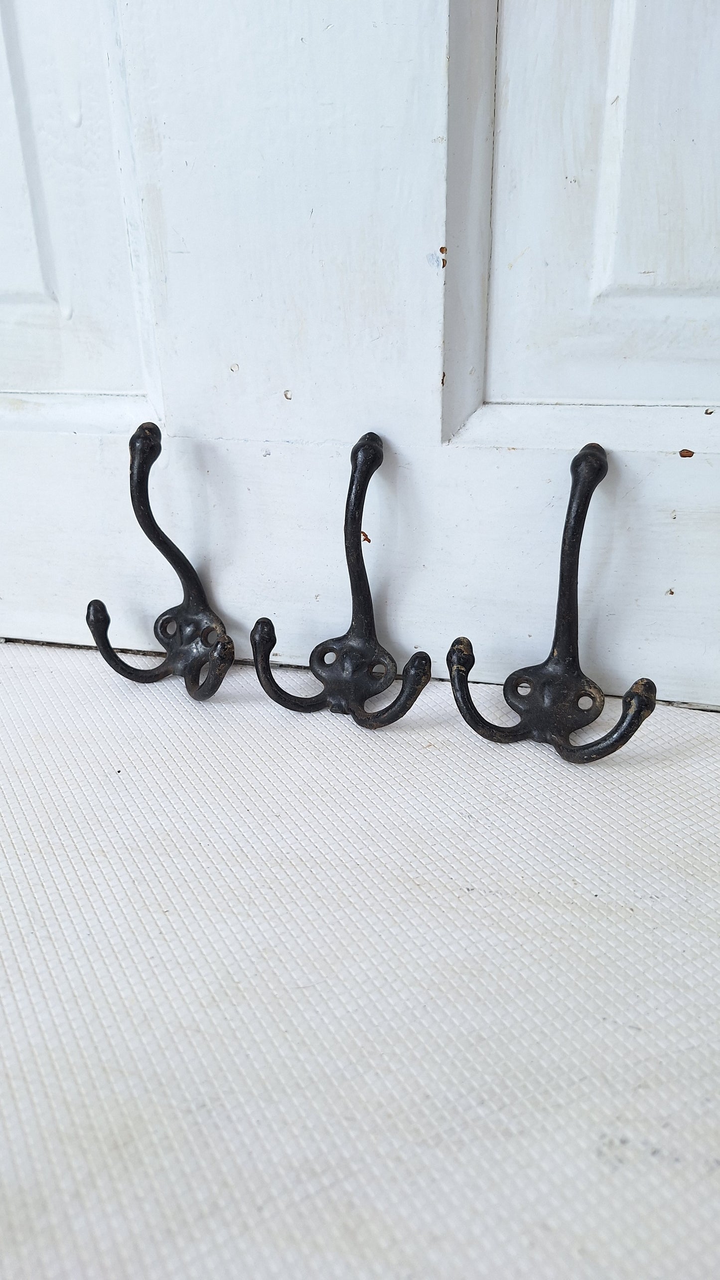 Set of Three Antique Iron "Heart" Hooks, Three Cast Iron Wall Hooks, Antique Acorn Hooks, Victorian Era Hooks, Vintage Closet Hooks 072905