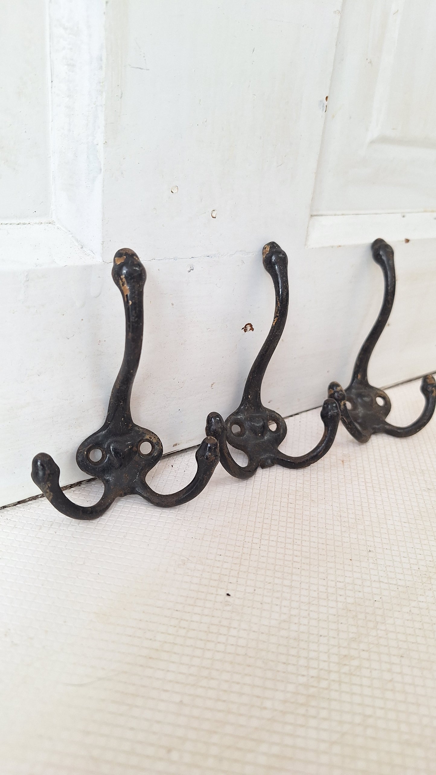 Set of Three Antique Iron "Heart" Hooks, Three Cast Iron Wall Hooks, Antique Acorn Hooks, Victorian Era Hooks, Vintage Closet Hooks 072905