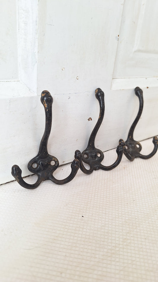 Set of Three Antique Iron "Heart" Hooks, Three Cast Iron Wall Hooks, Antique Acorn Hooks, Victorian Era Hooks, Vintage Closet Hooks 072905