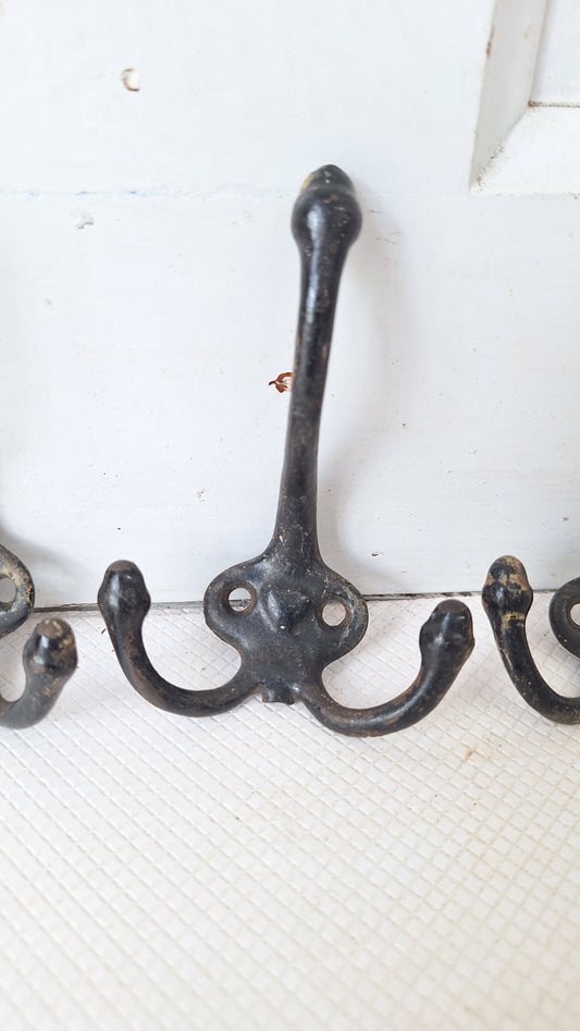 Set of Three Antique Iron "Heart" Hooks, Three Cast Iron Wall Hooks, Antique Acorn Hooks, Victorian Era Hooks, Vintage Closet Hooks 072905