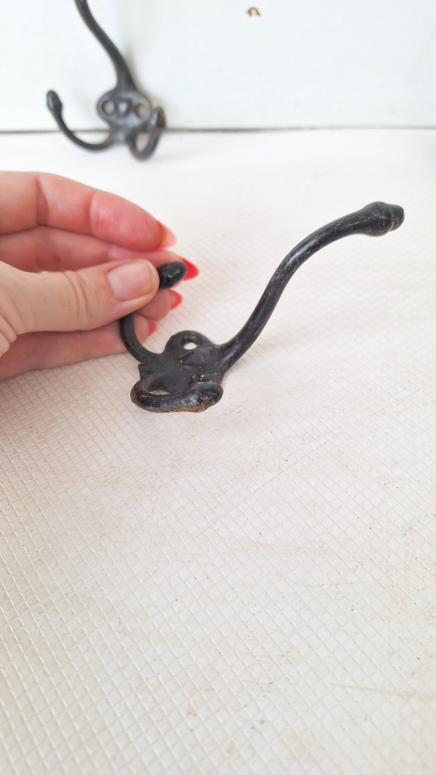 Set of Three Antique Iron "Heart" Hooks, Three Cast Iron Wall Hooks, Antique Acorn Hooks, Victorian Era Hooks, Vintage Closet Hooks 072905