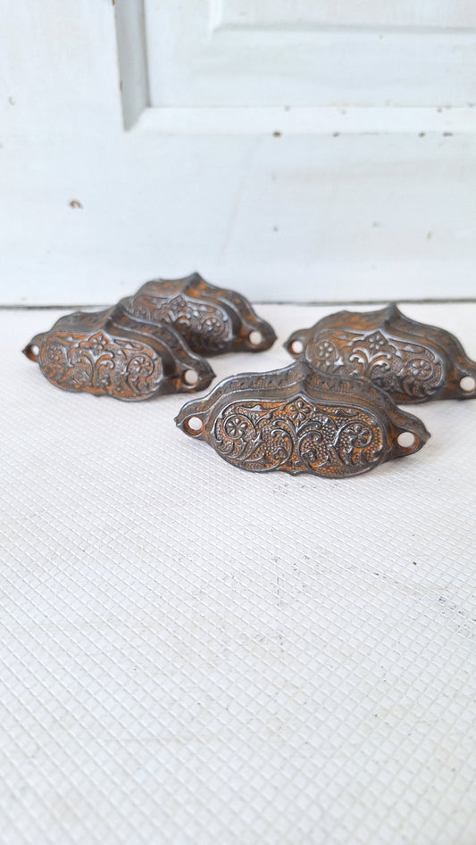 Set of Four Cast Iron Eastlake Handles, Four Antique, Ornate Bin Pulls 072906