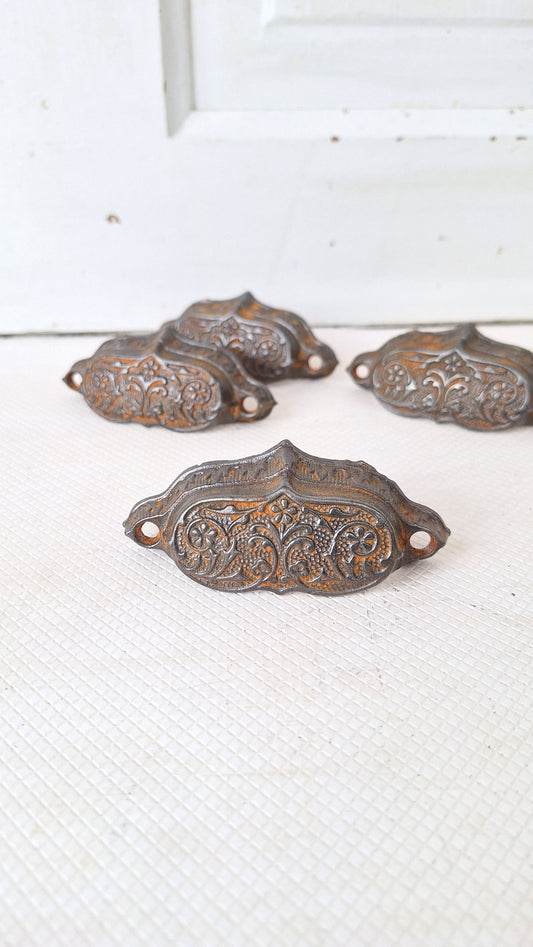 Set of Four Cast Iron Eastlake Handles, Four Antique, Ornate Bin Pulls 072906