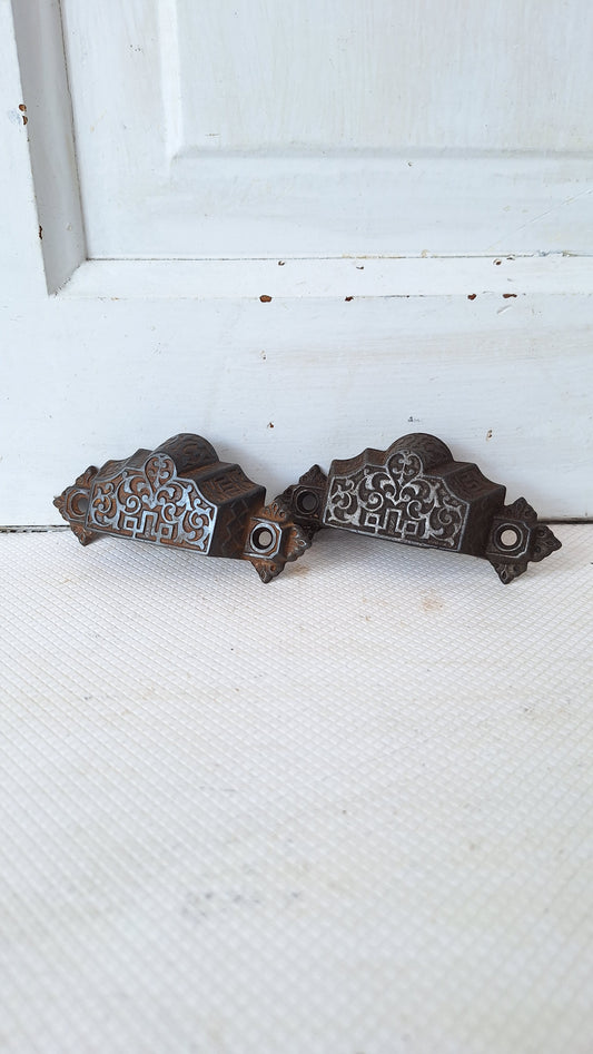 Two Eastlake Bin Pulls, Antique Cast Iron Ornate Bin Pull Antique Drawer Pull Small Vintage Pull Eastlake Handle Small Flower Pull 072907