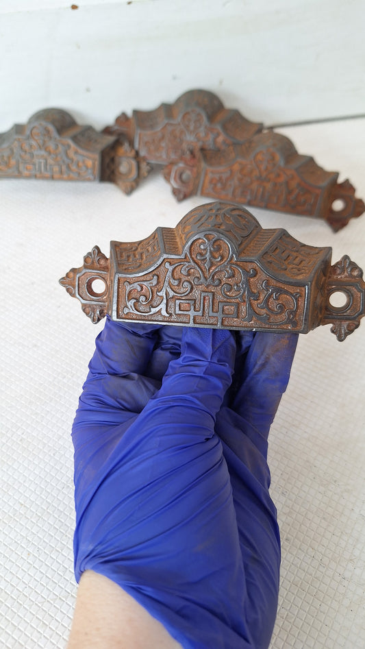 Four Eastlake Bin Pulls, Antique Cast Iron Ornate Bin Pull Antique Drawer Pull Small Vintage Pull Eastlake Handle Small Flower Pull 072908