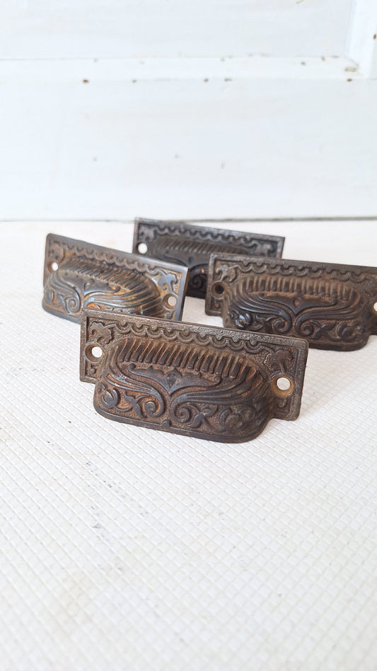 Four Cast Iron Eastlake Handles with Pierced Design, Five Antique Ornate Bin Pulls 072910