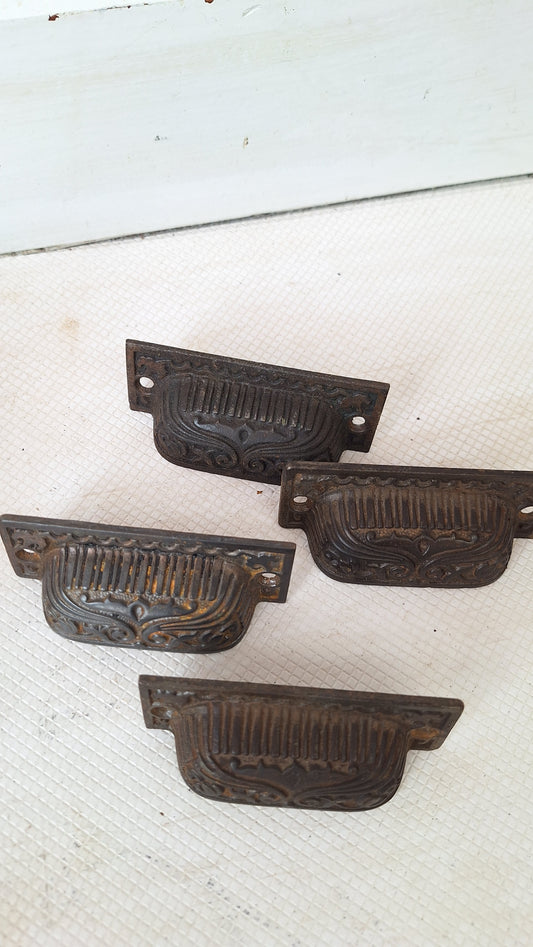Four Cast Iron Eastlake Handles with Pierced Design, Five Antique Ornate Bin Pulls 072910