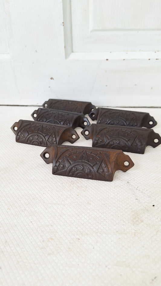 Six Sunburst Pattern Victorian Cast Iron Bin Pulls, Antique Drawer Handle, Apothecary Pulls 073102