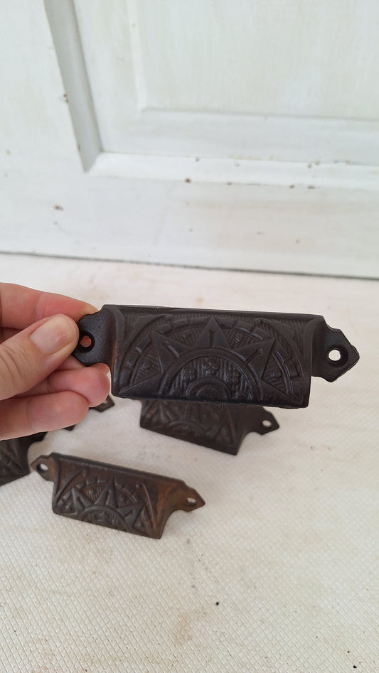 Six Sunburst Pattern Victorian Cast Iron Bin Pulls, Antique Drawer Handle, Apothecary Pulls 073102