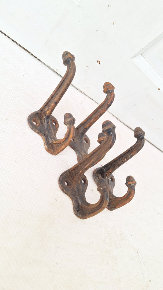 Four Large Iron Acorns Wall Hooks, Antique Coat or Hat Hooks, Large Sized Cast Iron Hooks, Architecture Salvage 073102
