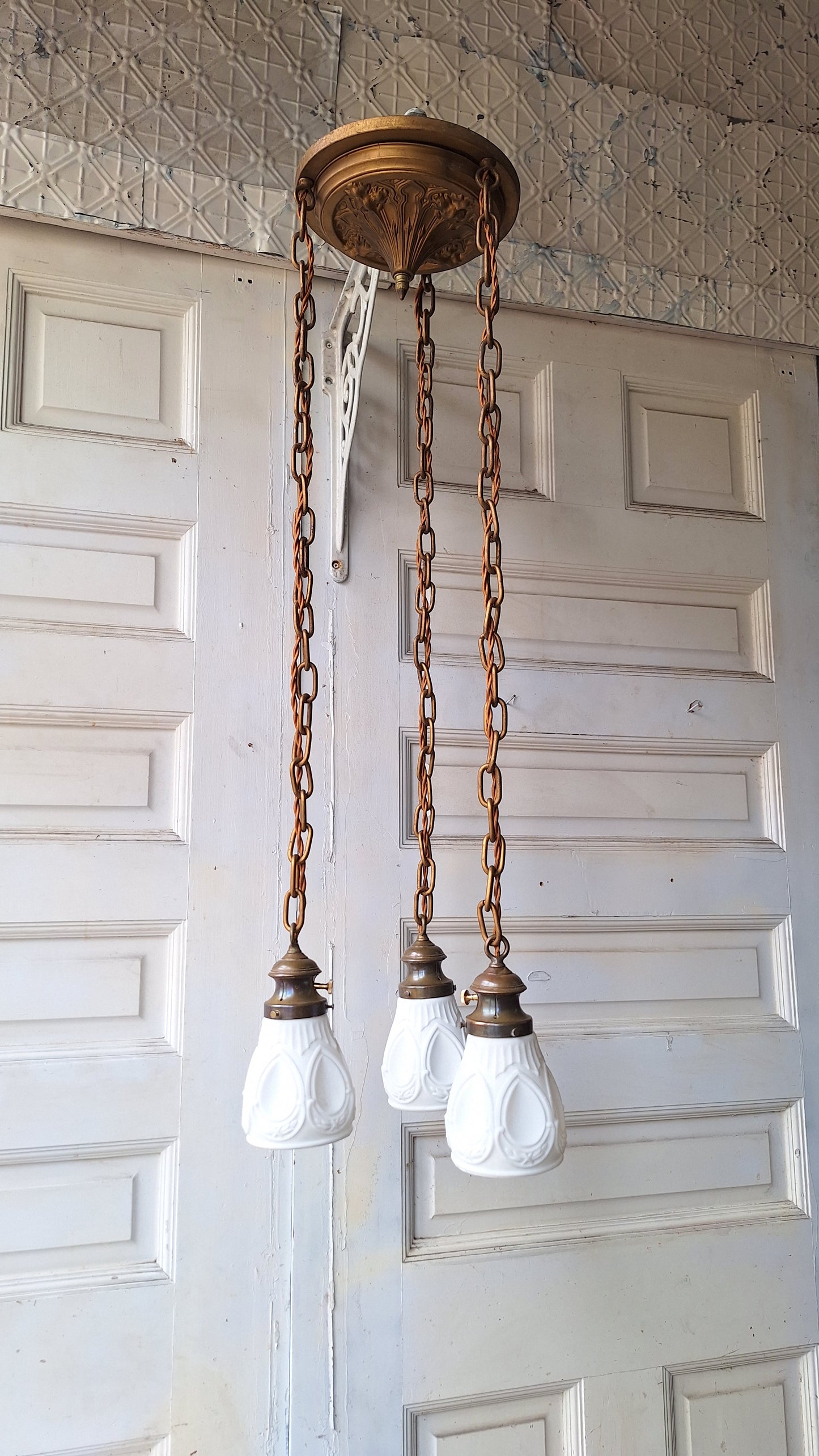 Antique Brass Pan Light with Three Hanging Sockets, Sheffield Style Flush Mount Gold Ceiling Light, Vintage Gold Ceiling Light 073102