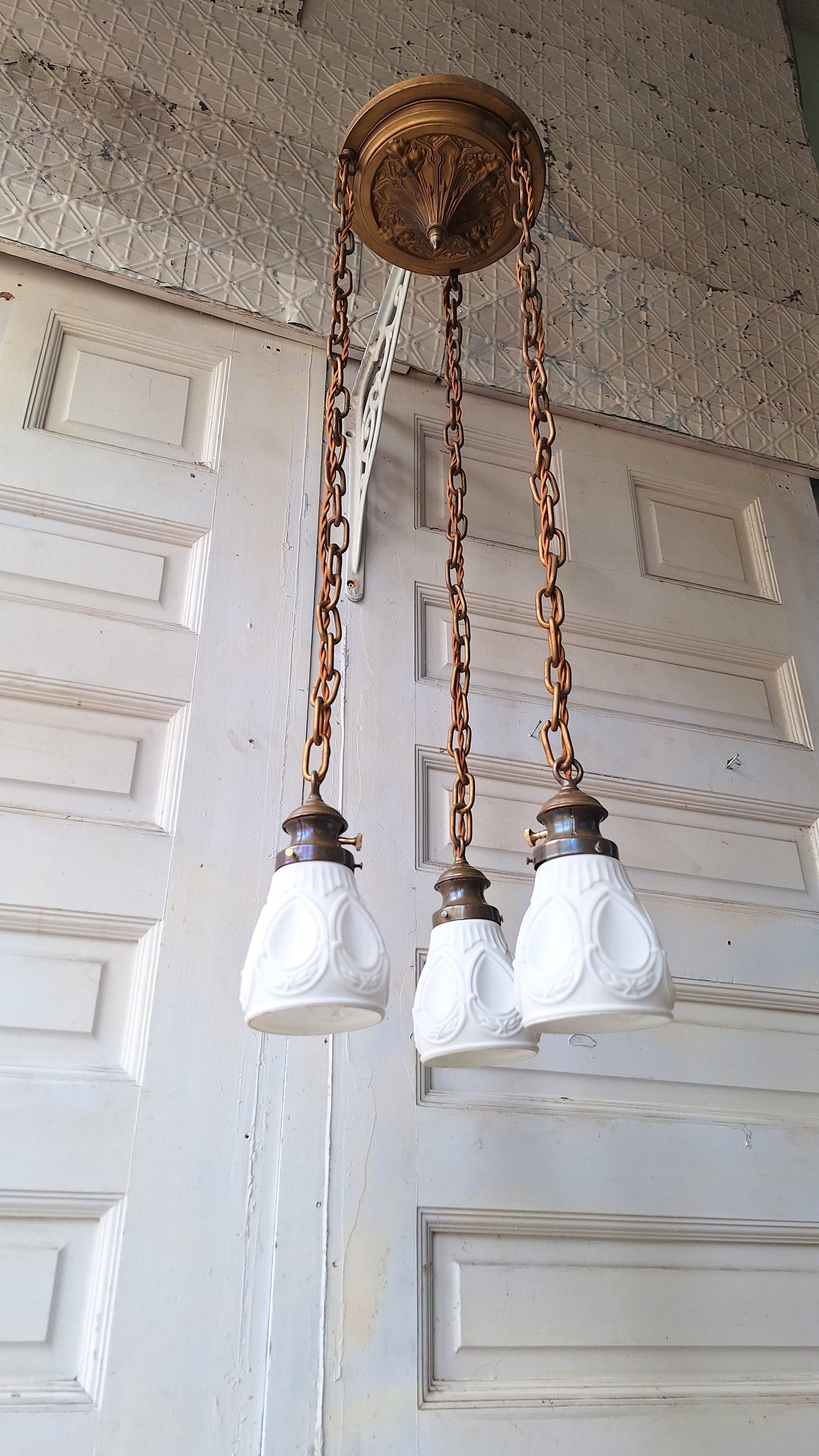 Antique Brass Pan Light with Three Hanging Sockets, Sheffield Style Flush Mount Gold Ceiling Light, Vintage Gold Ceiling Light 073102