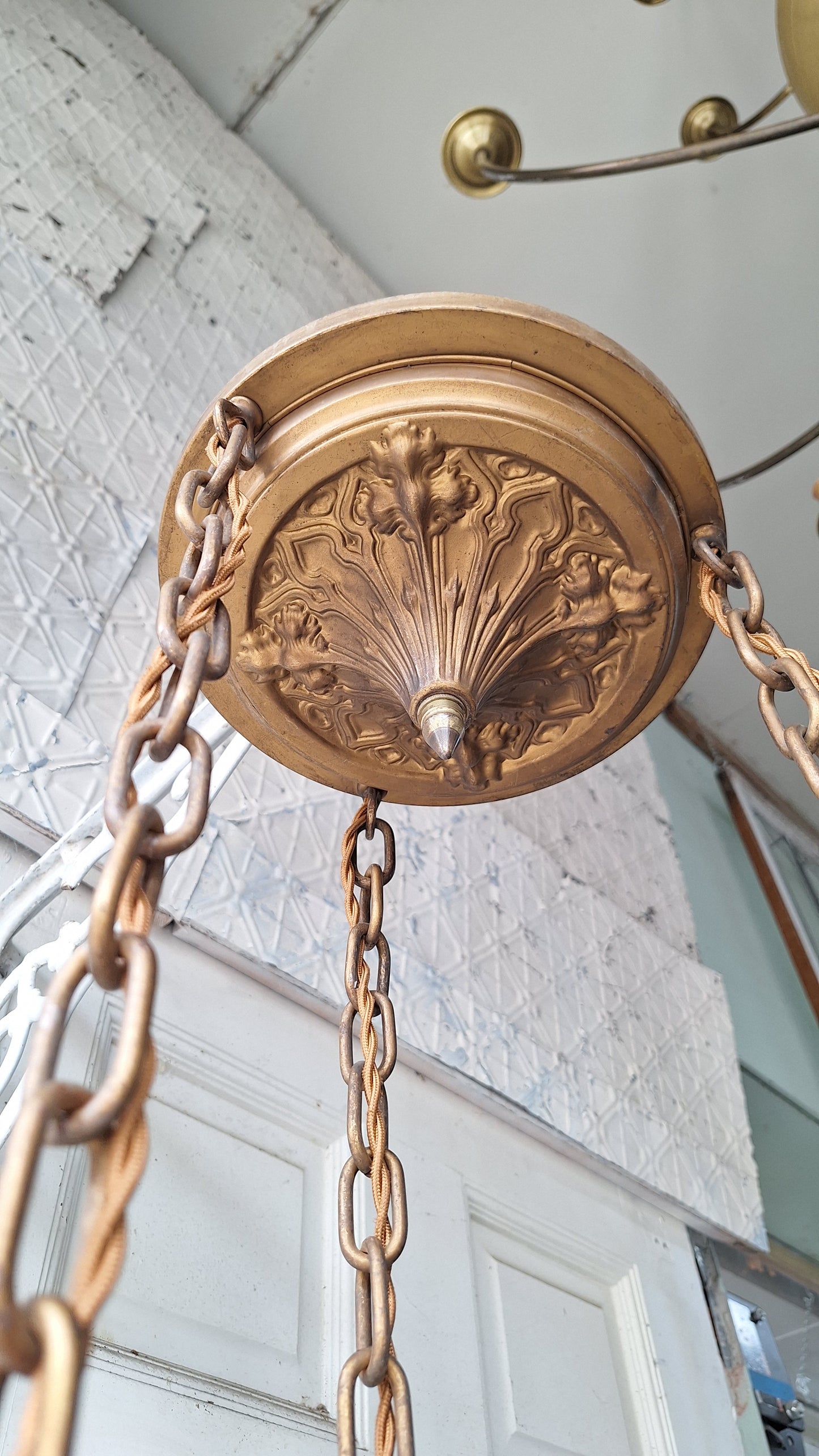 Antique Brass Pan Light with Three Hanging Sockets, Sheffield Style Flush Mount Gold Ceiling Light, Vintage Gold Ceiling Light 073102