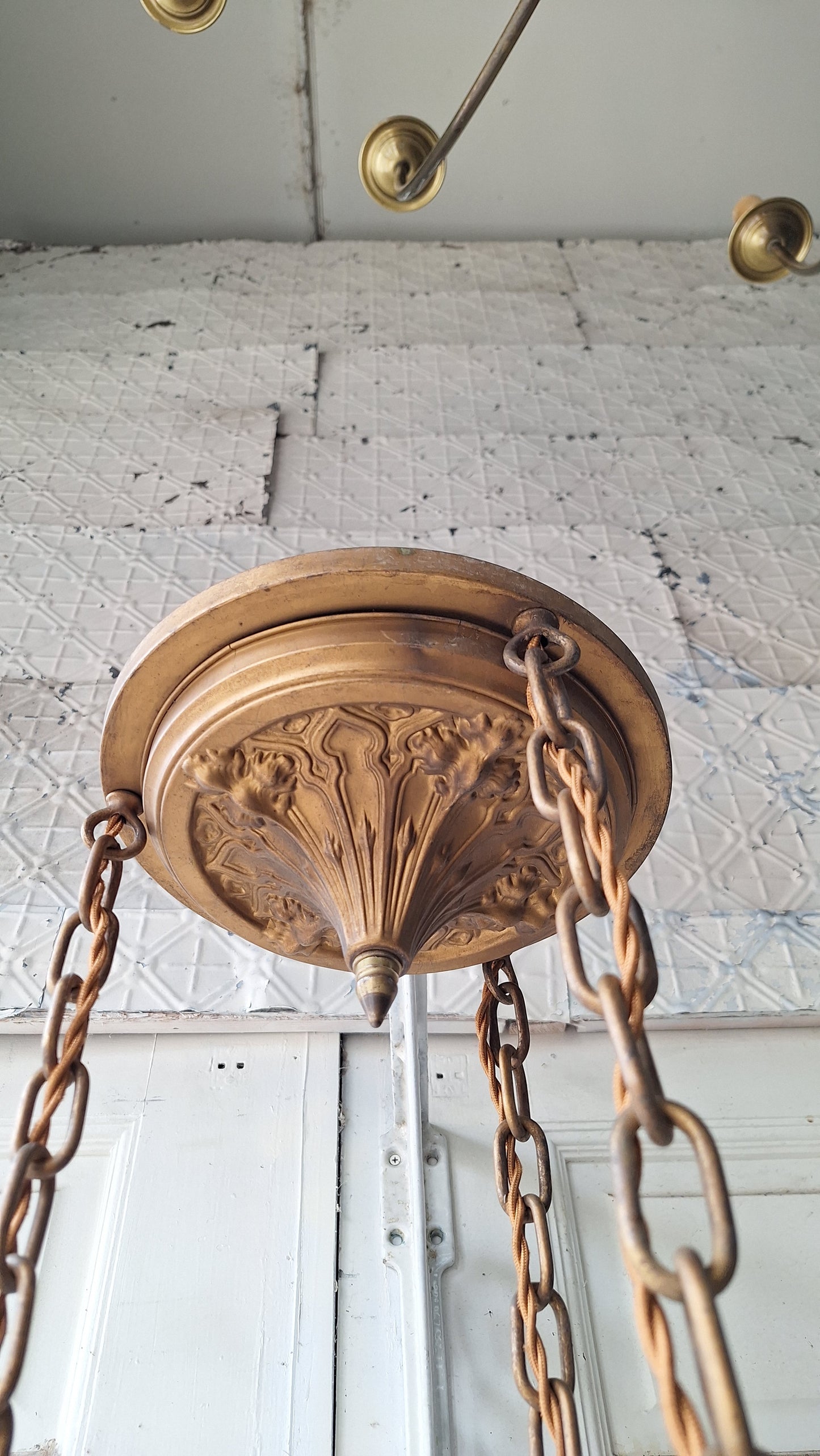 Antique Brass Pan Light with Three Hanging Sockets, Sheffield Style Flush Mount Gold Ceiling Light, Vintage Gold Ceiling Light 073102