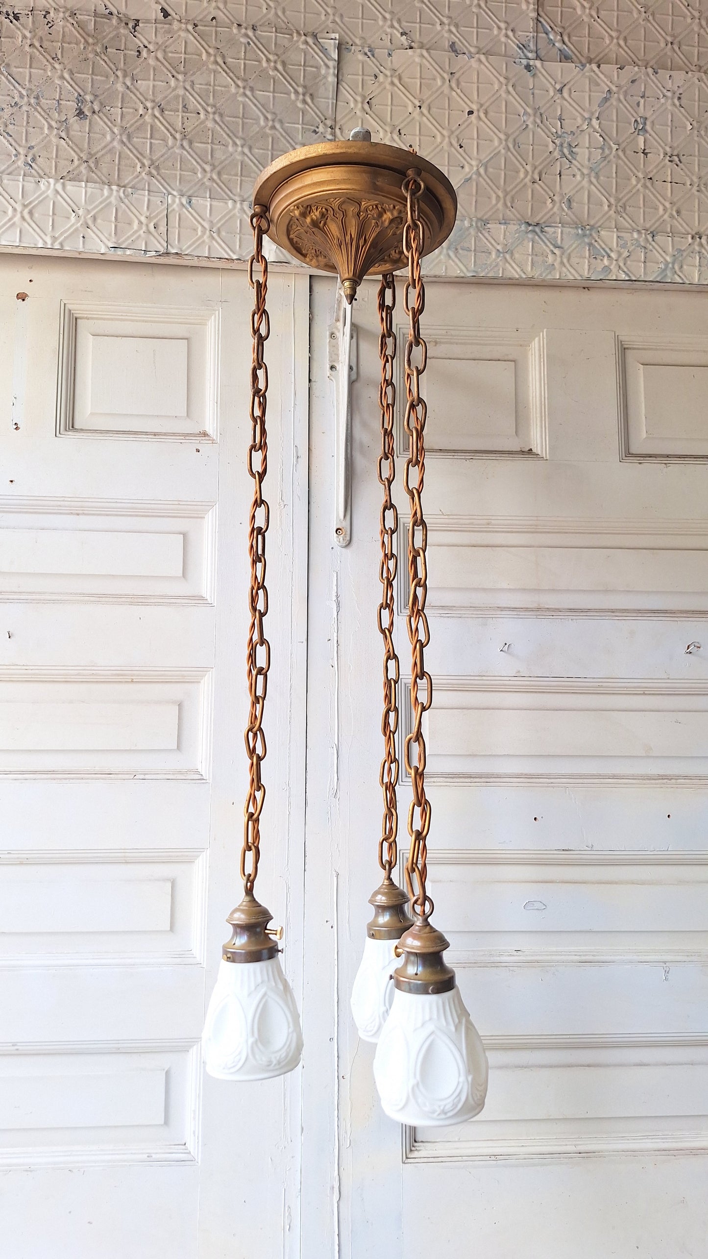 Antique Brass Pan Light with Three Hanging Sockets, Sheffield Style Flush Mount Gold Ceiling Light, Vintage Gold Ceiling Light 073102