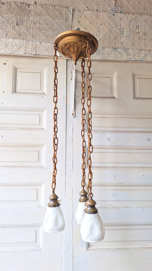 Antique Brass Pan Light with Three Hanging Sockets, Sheffield Style Flush Mount Gold Ceiling Light, Vintage Gold Ceiling Light 073102