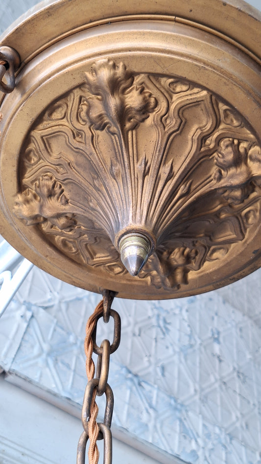 Antique Brass Pan Light with Three Hanging Sockets, Sheffield Style Flush Mount Gold Ceiling Light, Vintage Gold Ceiling Light 073102