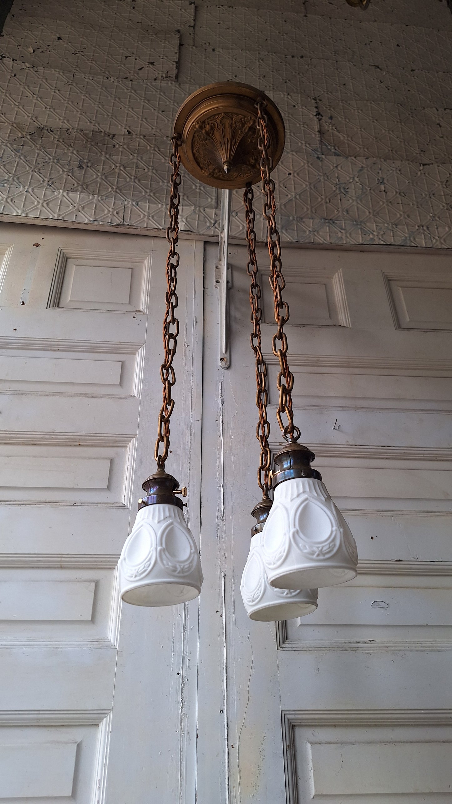 Antique Brass Pan Light with Three Hanging Sockets, Sheffield Style Flush Mount Gold Ceiling Light, Vintage Gold Ceiling Light 073102