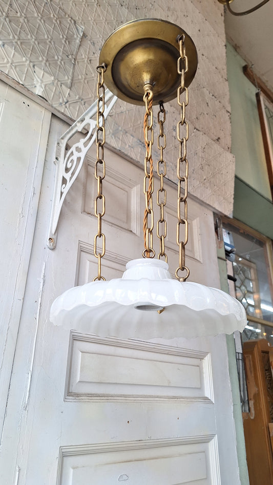 Scalloped Clam Broth Pendant Chain Light, Fluted Glass Shade, Light Vintage Pendant Fluted Shade Light, Antique Bronze Copper Fixture 073103