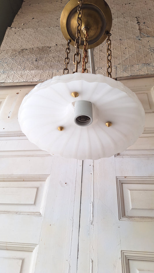 Scalloped Clam Broth Pendant Chain Light, Fluted Glass Shade, Light Vintage Pendant Fluted Shade Light, Antique Bronze Copper Fixture 073103