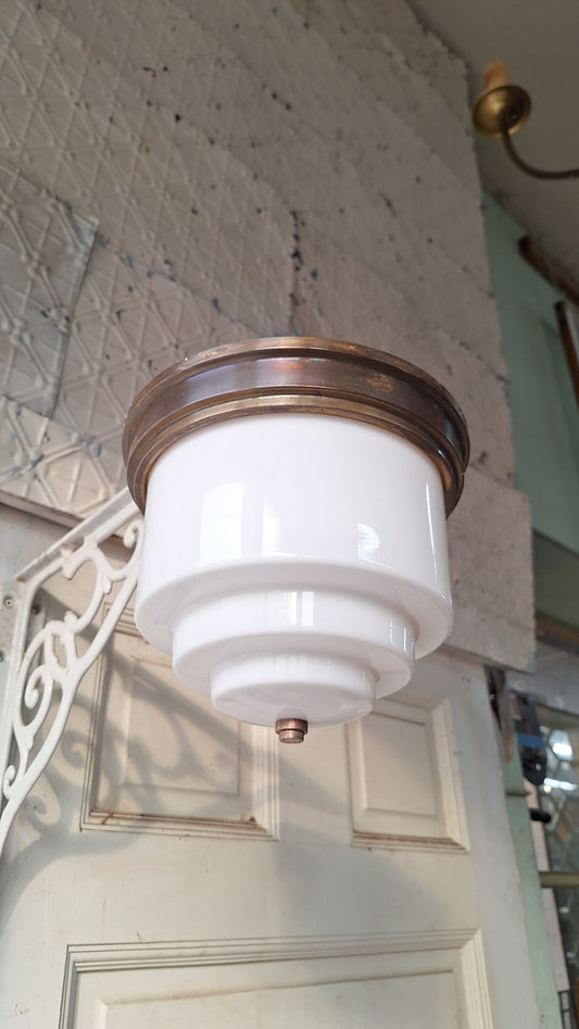 Art Deco Flush Mount White Glass with Brass Base, Empire Shade Wedding Cake Light, Antique Milk Glass Light Architecture Salvage 080301