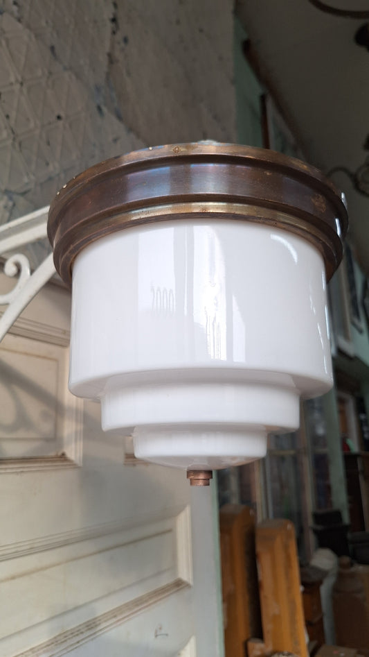 Art Deco Flush Mount White Glass with Brass Base, Empire Shade Wedding Cake Light, Antique Milk Glass Light Architecture Salvage 080301