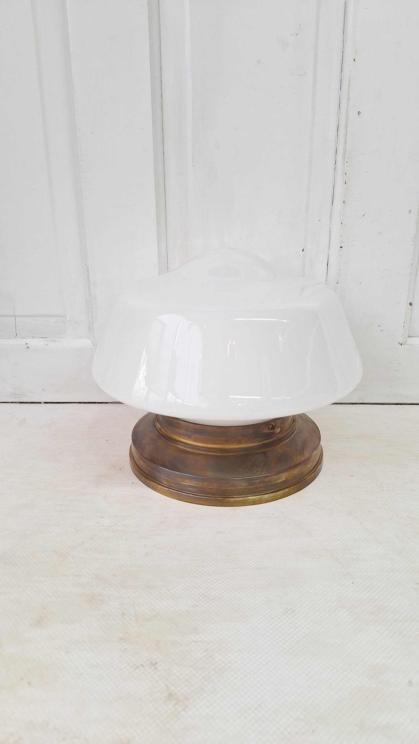 Vintage Brass & Milk Glass School House Light, Vintage White Glass Schoolhouse Flush Mount Ceiling Light, Architecture Salvage 080302