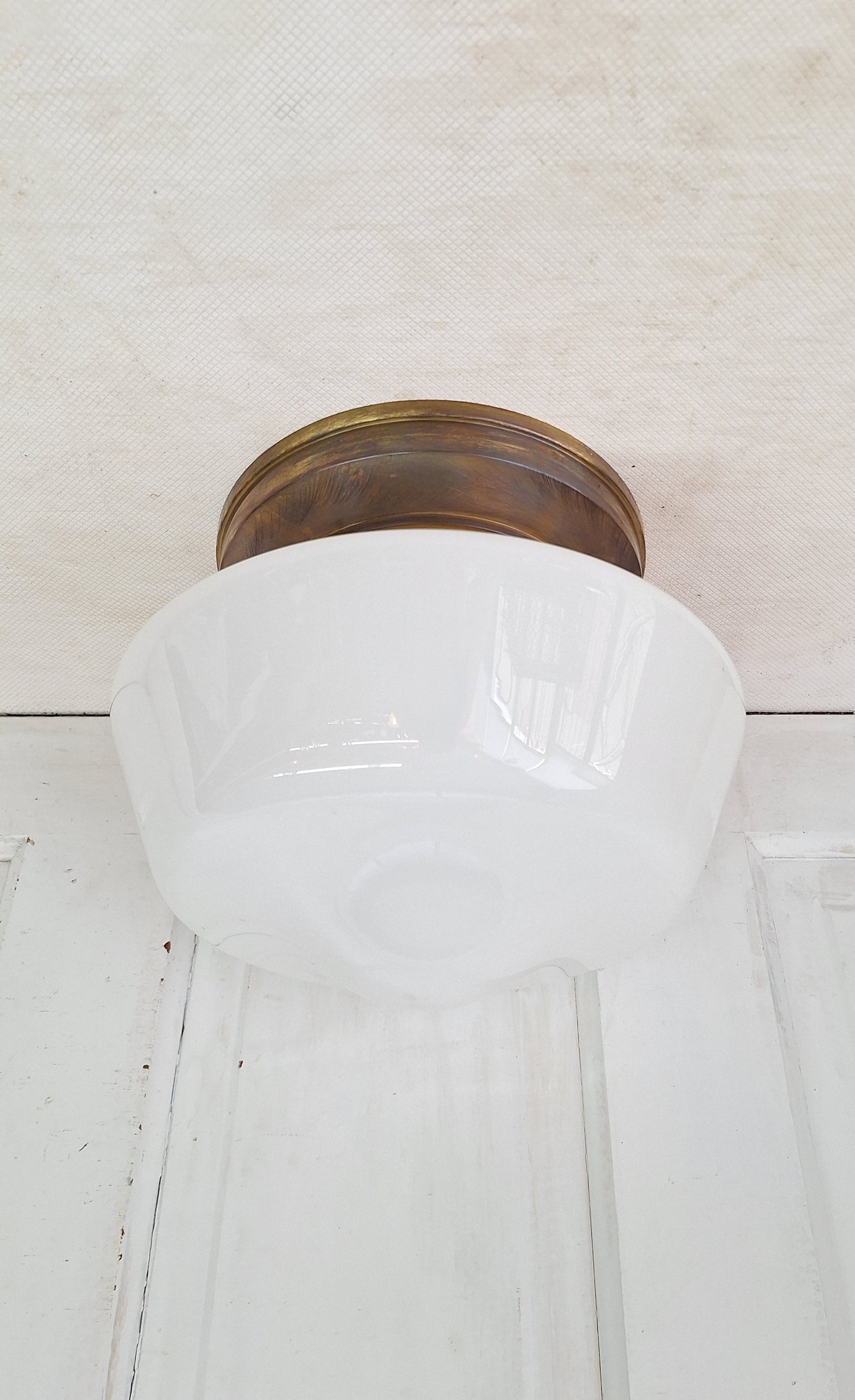Vintage Brass & Milk Glass School House Light, Vintage White Glass Schoolhouse Flush Mount Ceiling Light, Architecture Salvage 080302