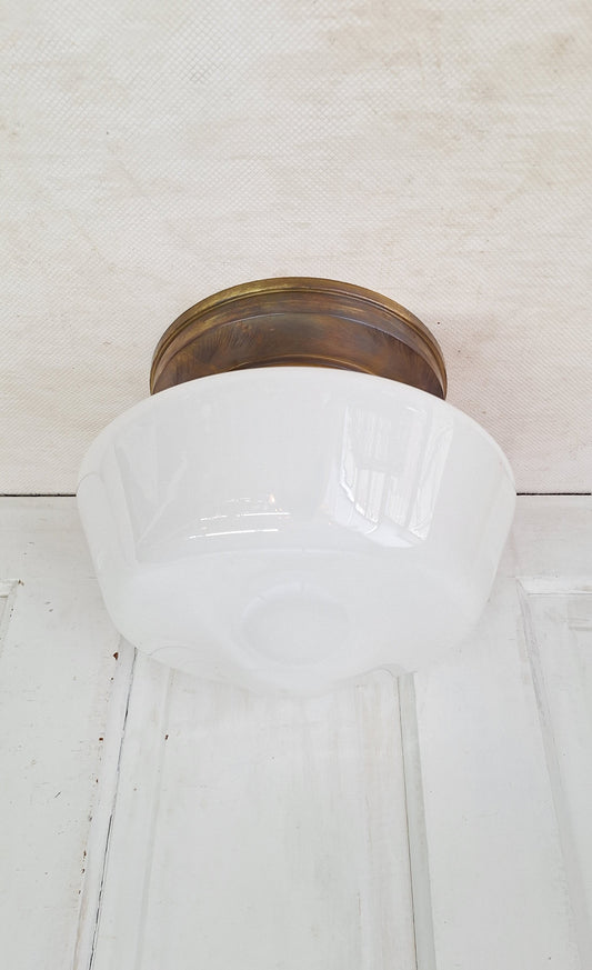 Vintage Brass & Milk Glass School House Light, Vintage White Glass Schoolhouse Flush Mount Ceiling Light, Architecture Salvage 080302