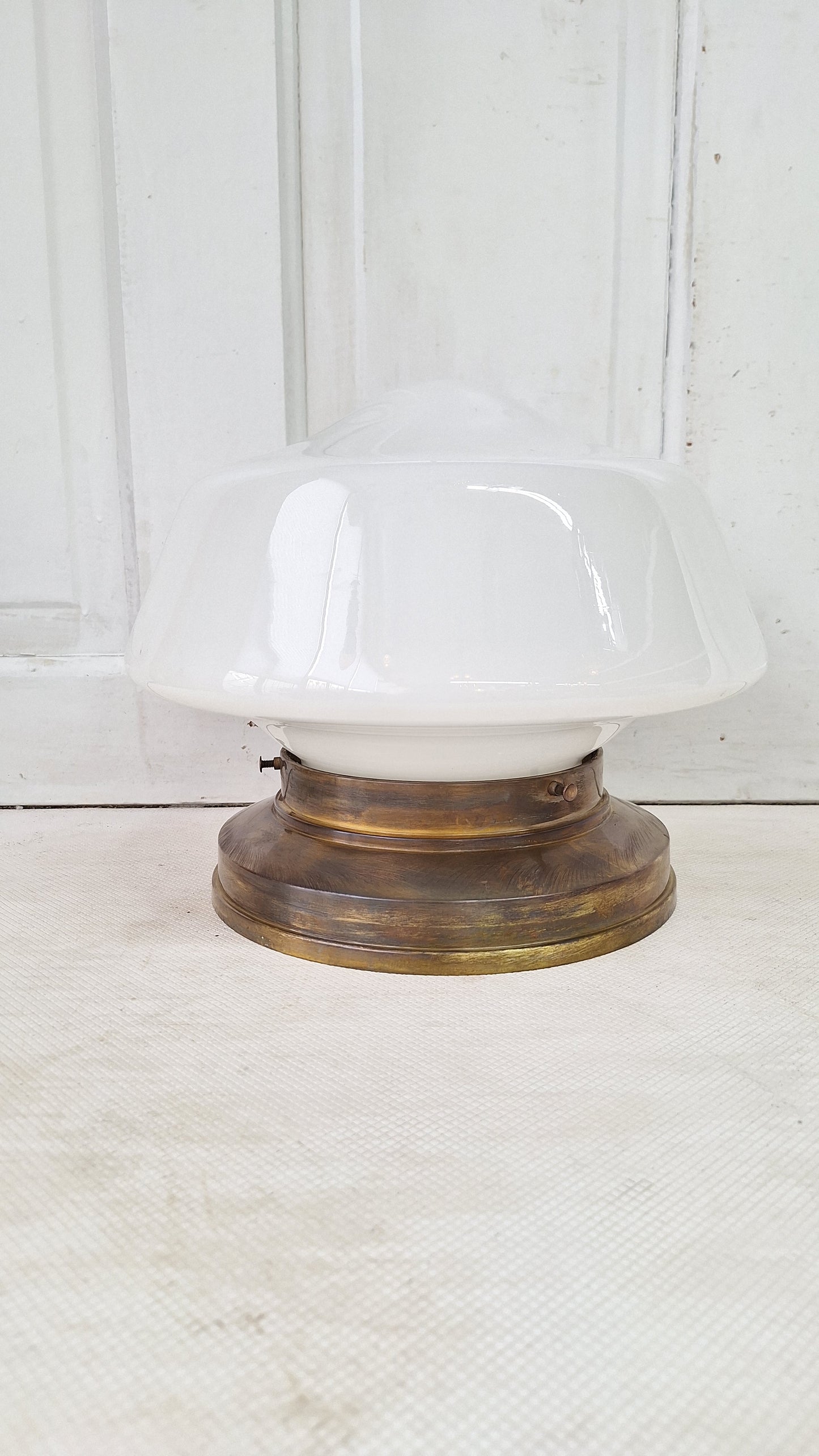 Vintage Brass & Milk Glass School House Light, Vintage White Glass Schoolhouse Flush Mount Ceiling Light, Architecture Salvage 080302