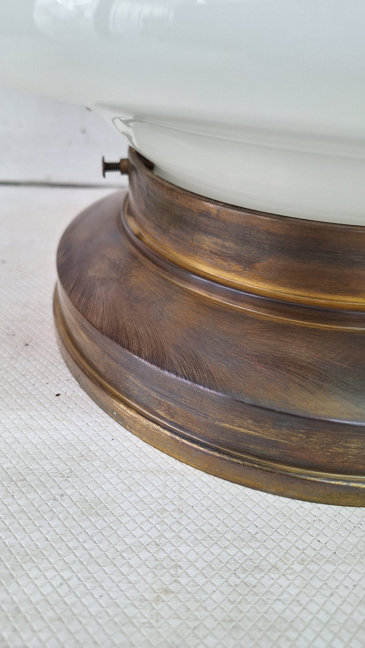 Vintage Brass & Milk Glass School House Light, Vintage White Glass Schoolhouse Flush Mount Ceiling Light, Architecture Salvage 080302