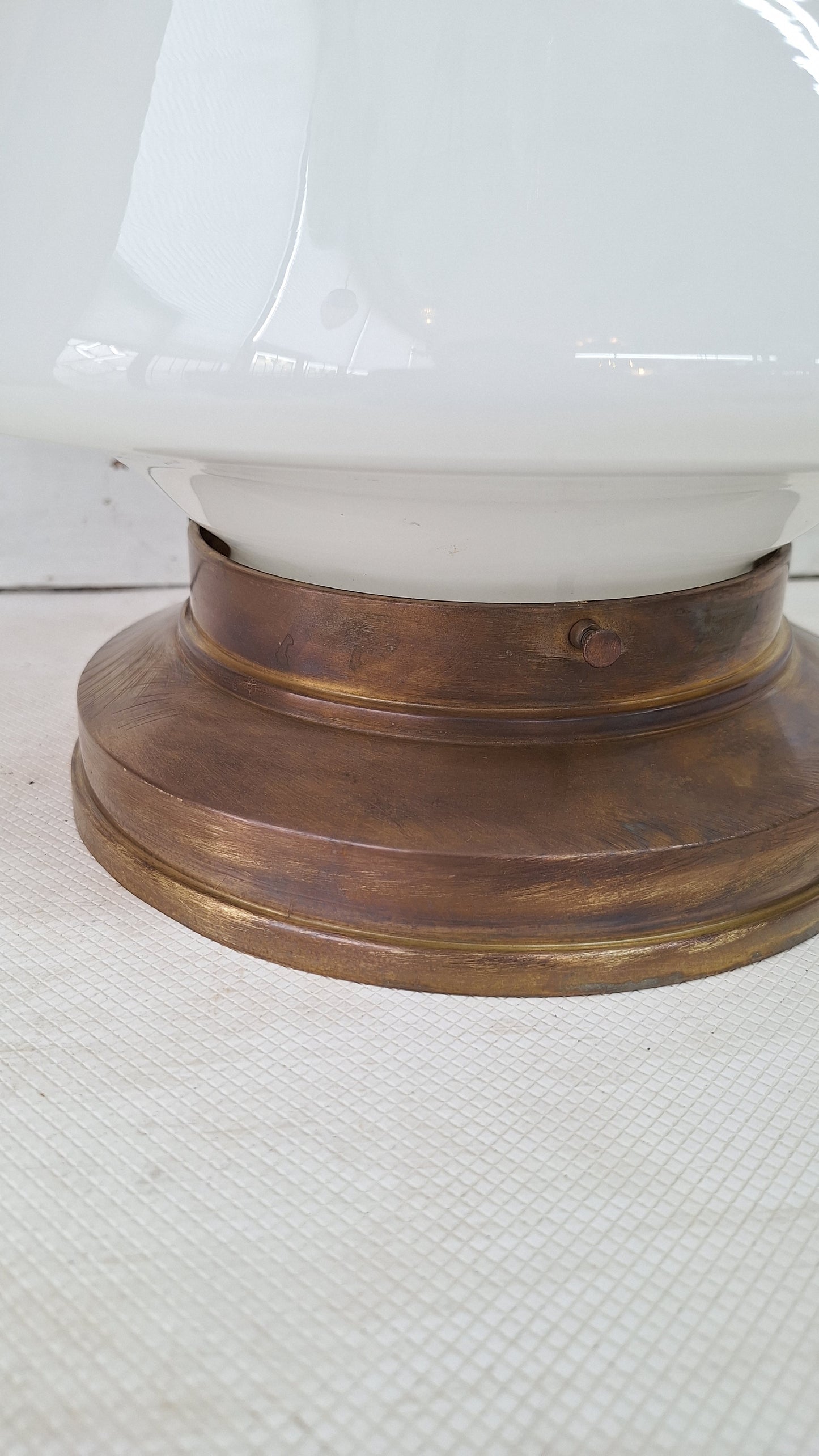 Vintage Brass & Milk Glass School House Light, Vintage White Glass Schoolhouse Flush Mount Ceiling Light, Architecture Salvage 080302