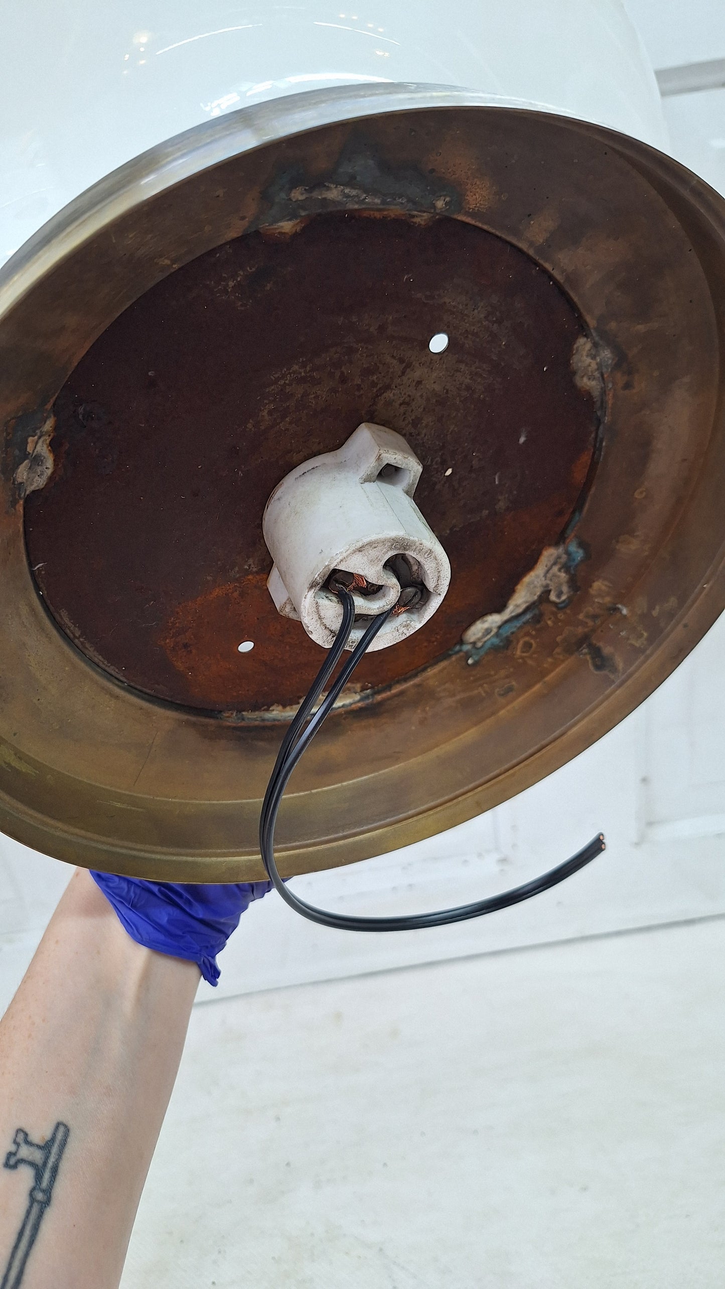 Vintage Brass & Milk Glass School House Light, Vintage White Glass Schoolhouse Flush Mount Ceiling Light, Architecture Salvage 080302
