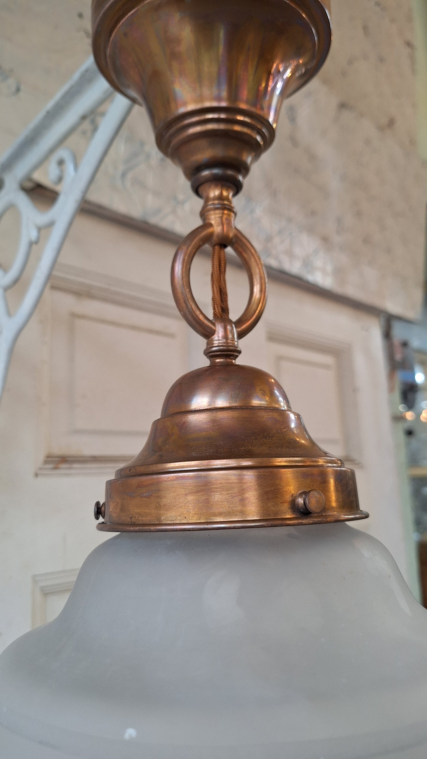 Wave Design Antique Frosted Glass Glbe Pendant Light, Neoclassical Vintage Greek Revival Light, Vintage White and Gold Pendant Light 080303