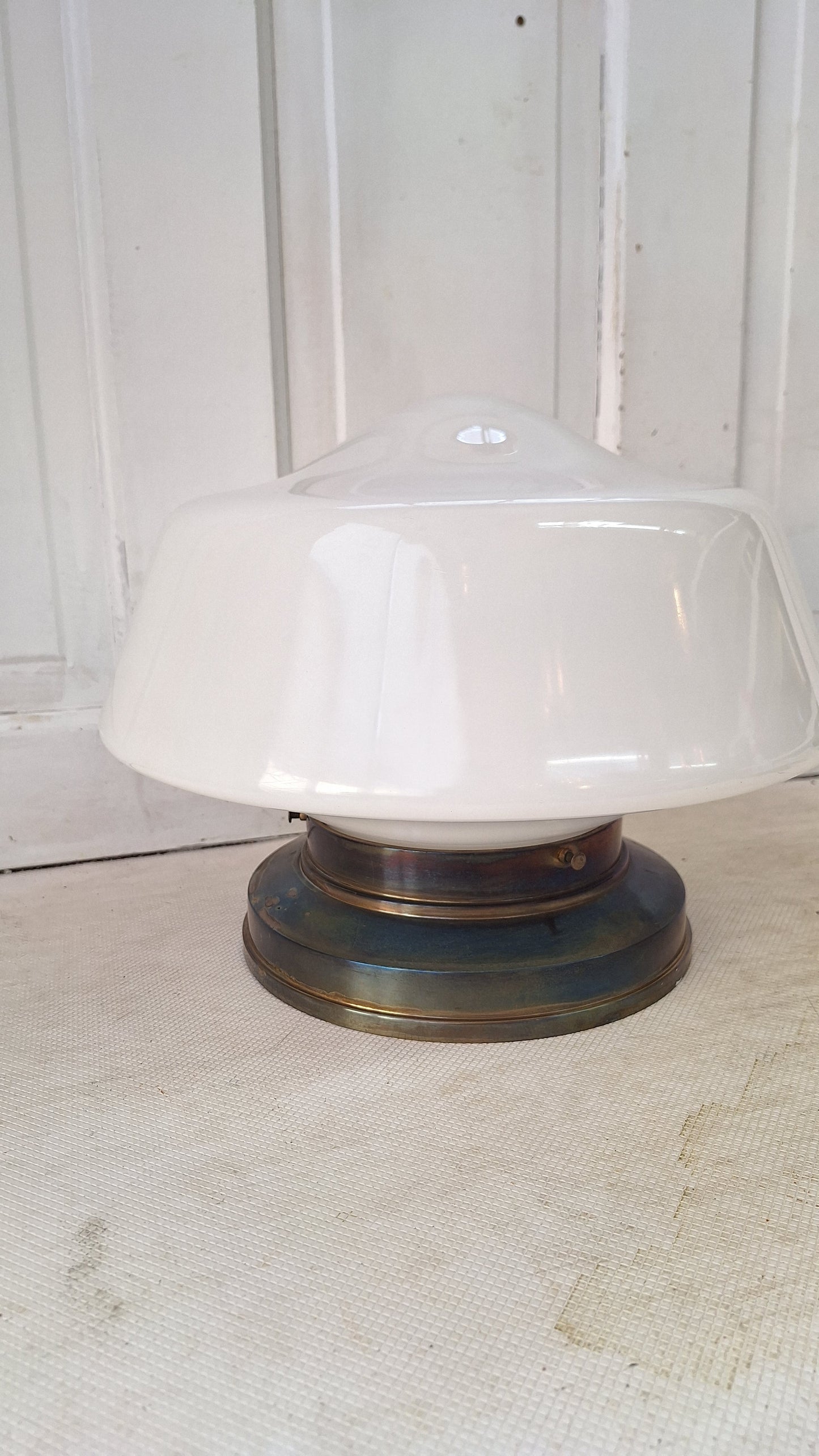 Large Vintage Brass & Milk Glass School House Light, Vintage White Glass Schoolhouse Flush Mount Ceiling Light, Architecture Salvage 080501