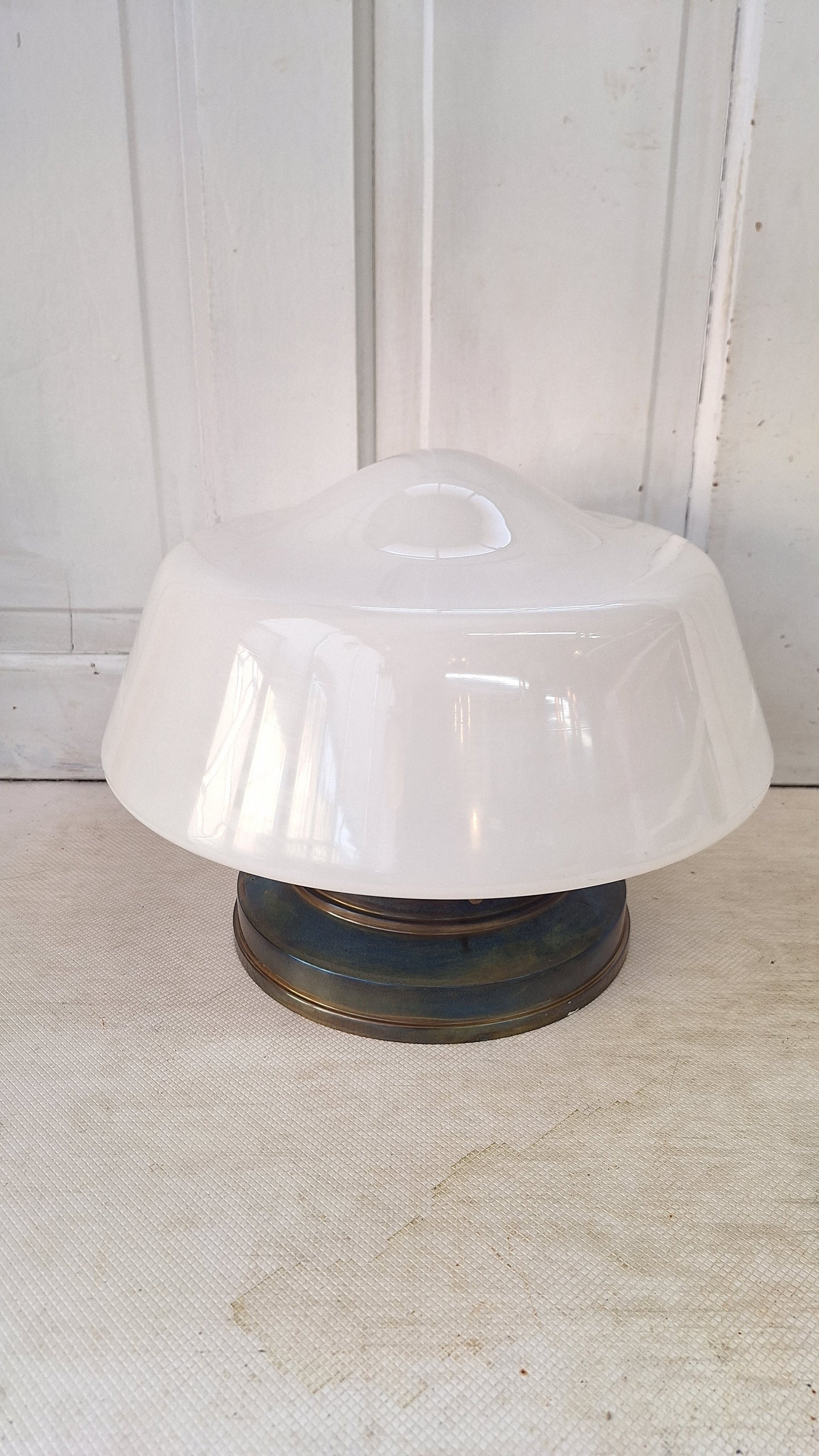 Large Vintage Brass & Milk Glass School House Light, Vintage White Glass Schoolhouse Flush Mount Ceiling Light, Architecture Salvage 080501