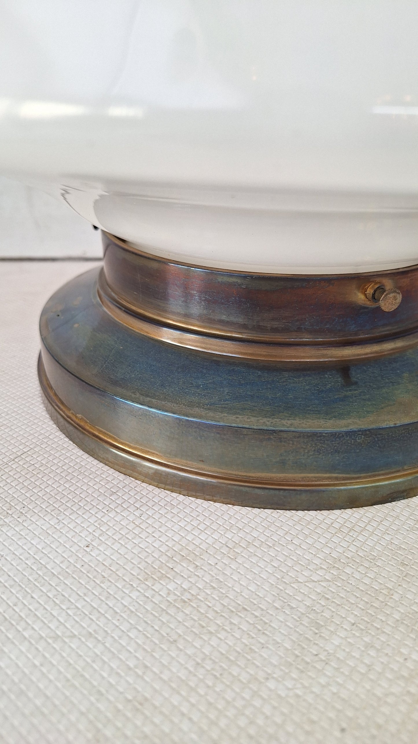 Large Vintage Brass & Milk Glass School House Light, Vintage White Glass Schoolhouse Flush Mount Ceiling Light, Architecture Salvage 080501